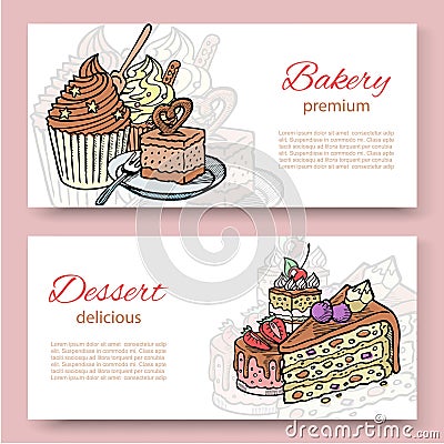 Coffee shop or bakery house visit cards set with baked cake, cupcake, topper and lettering text. Vector hand drawn baked Vector Illustration