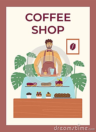 Coffee shop banner with barista serving customers, flat vector illustration. Vector Illustration