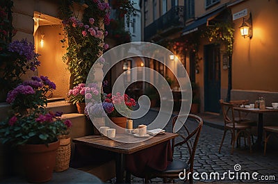 Coffee Shop, Bossa Nova style, cute tables outside, cobblestone road, flowers Stock Photo