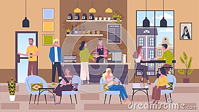 Coffee shop building interior. People drink coffee in the cafe. Vector Illustration
