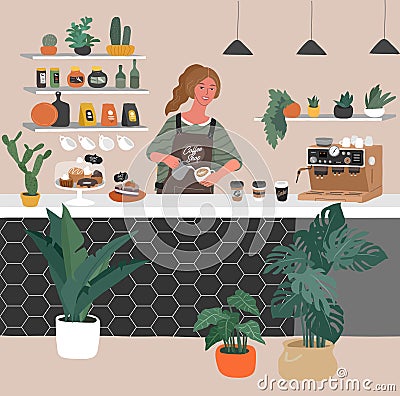 Coffee shop or cafe interior design. Character of Girl barista make cappuccino art and happy cafe customer. Scandinavian Vector Illustration