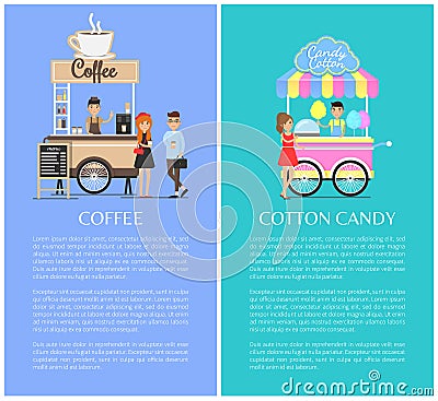 Coffee Shop and Cotton Candy Kiosk Cute Templates Vector Illustration