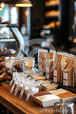 Coffee shop counter with different types of coffee and sugar. Stock Photo