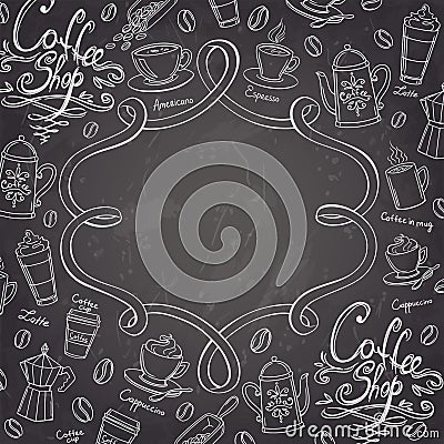 Coffee shop design frame. Stylized chalkboard coffee background. Vector Illustration