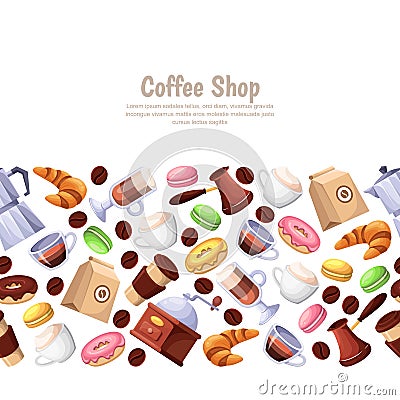 Coffee shop, desserts, vector horizontal seamless background. Cartoon illustration. Design elements for cafe or bakery. Vector Illustration