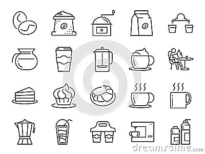 Coffee shop icon set. Included icons as cafe, coffee beans, coffee maker, machine, espresso, latte, glass pot and more. Vector Illustration