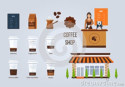 Coffee shop illustration design elements. Young shop assistant serving a cup of coffee. Coffee flat collection drink. Cartoon Illustration