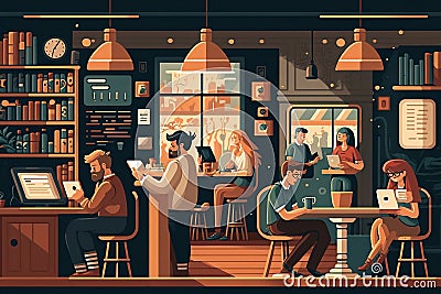 Coffee shop interior with people drinking coffee, vector illustration. Cartoon Illustration