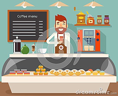 Coffee shop interior seller bakery taste sweets flat design vector illustration Vector Illustration