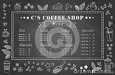 Coffee Shop Menu Handwritten on Chalkboard for Cafe flyer banner poster in the landscape with different drinks desserts cake pie Vector Illustration