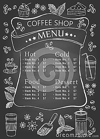 Coffee Shop Menu Handwritten on Chalkboard for Cafe flyer banner poster in portrait with different drinks desserts cake pie Vector Illustration