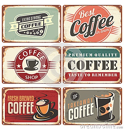 Coffee shop metal signs collection Vector Illustration