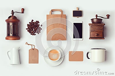 Coffee shop mock up template for branding identity design. Flat lay Stock Photo