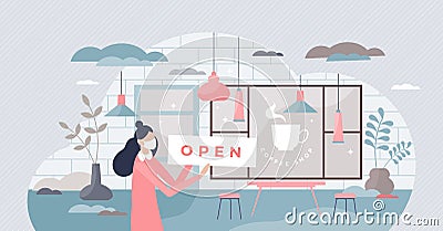 Coffee shop open sign as reopen business after lockdown tiny person concept Vector Illustration
