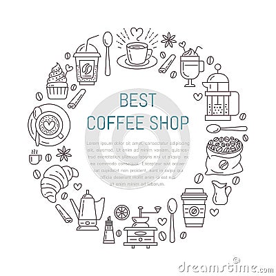 Coffee shop poster template. Vector line illustration of coffeemaking equipment. Elements - espresso cup, french press Vector Illustration