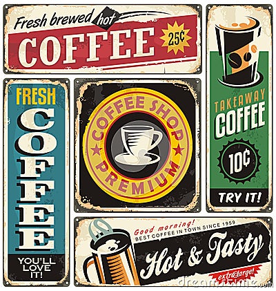 Coffee shop retro metal signs collection Vector Illustration