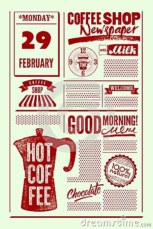 Coffee Shop typographical vintage newspaper style poster or template of menu. Retro vector illustration. Vector Illustration