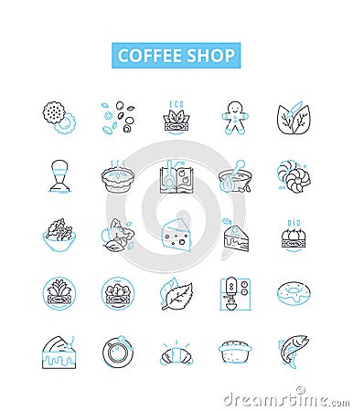 Coffee shop vector line icons set. Cafe, Coffeehouse, Espresso, Latte, Cappuccino, Mocha, Frappuccino illustration Cartoon Illustration