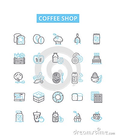 Coffee shop vector line icons set. Cafe, Coffeehouse, Espresso, Latte, Cappuccino, Mocha, Frappuccino illustration Vector Illustration