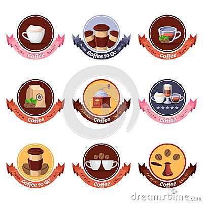 Coffee shop vector logo, label, sticker, emblem set. Cafe or restaurant breakfast menu isolated design elements. Vector Illustration