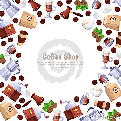 Coffee shop vector white frame background. Cartoon flat illustration. Design elements for cafe or bakery Vector Illustration