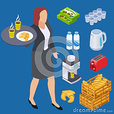 Coffee shop waiter, milk, bread, bakery products isometric vector elements Vector Illustration