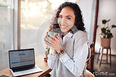 Coffee shop, woman portrait and laptop screen for politics business, remote work project or journalist news. Happy Stock Photo