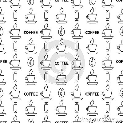 Coffee simple seamless pattern. Outline vector background Vector Illustration