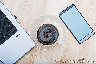 Coffee, smartphone and laptop Stock Photo