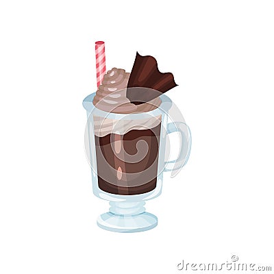 Coffee smoothie with whipped cream and chocolate, refreshment beverage in glass with straw cartoon vector Illustration Vector Illustration