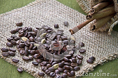 Coffee and spices on burlap Stock Photo