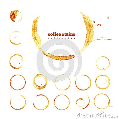 Coffee stains. Collection of round brown spots. Set vector illustration isolated on white background. Vector Illustration