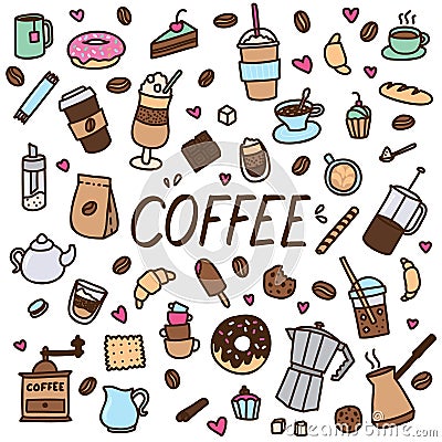 Coffee sticker set. Cute doodle colorful collection for cate menu or scrapbooking, greeting card, posters and bullet Vector Illustration