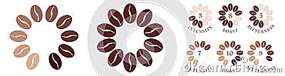 Coffee strength circular or round scale, different colour beans to show intensity or roast Vector Illustration