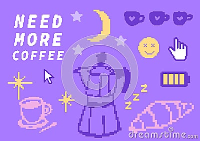 Coffee and study pixel art set, retro 8bit elements at techno purple background, computer interface arrow and hand Vector Illustration