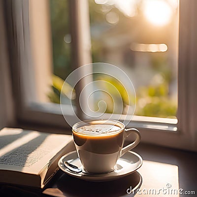 coffee in the sunlight with an open book near it and windowsill Cartoon Illustration