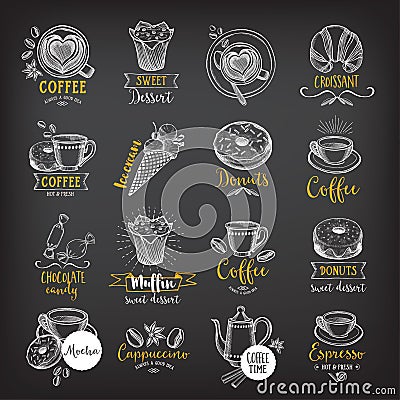 Coffee and sweet menu restaurant badges, dessert menu. Vector Illustration