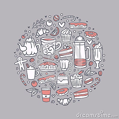 Coffee and sweets round hand drawn illustration. Tea and desserts doodle elements set Vector Illustration