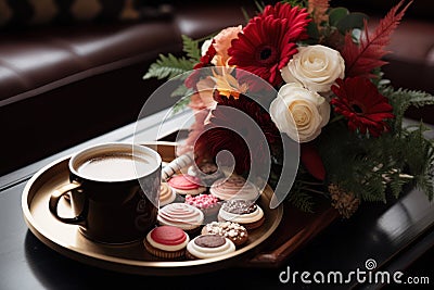 A coffee table adorned with holiday-themed decor, such as a tray of hot cocoa, cookies, and a festive floral arrangement. Stock Photo