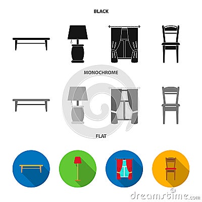 A coffee table, a lamp, curtains, a chair.Furniture set collection icons in black, flat, monochrome style vector symbol Vector Illustration