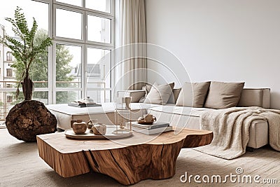 Coffee table made from wooden tree trunk against grey corner sofa. Tv on white wall and big windows Stock Photo