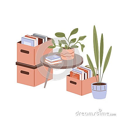 Coffee table with office supplies, cardboard boxes with colored books, documents and plants in pot Vector Illustration