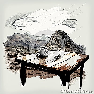 Coffee table with rainy landscape in the mountains Stock Photo