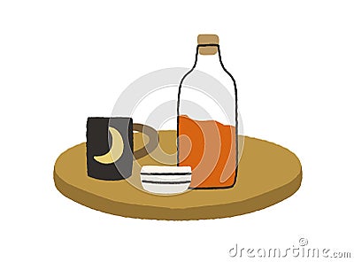 Coffee table top with glass corked bottle with juice, tea cup, bowl and mug composition. Homemade lemonade, teacup and Vector Illustration