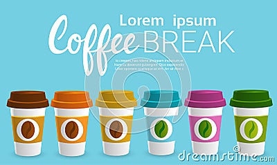 Coffee Take Away Cup Break Breakfast Drink Beverage Set Vector Illustration