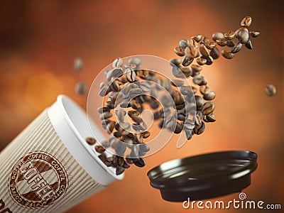 Coffee take away paper cup with coffee beans on a brown background Cartoon Illustration
