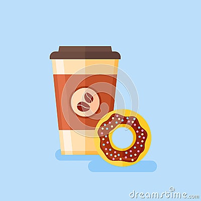 Coffee takeaway with chocolate glazed donut. Flat style vector illustration. Vector Illustration