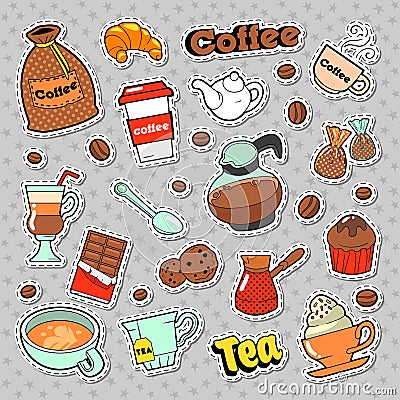 Coffee and Tea Badges, Patches, Stickers for Prints and Fashion Textile with Beans Vector Illustration