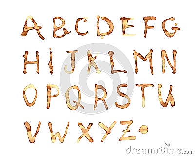 Coffee or tea broun spots. Coffee alphabet stamps Vector Illustration