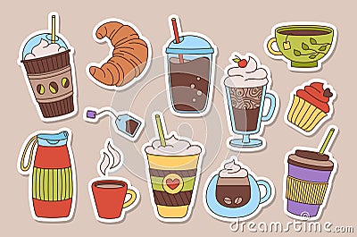 Coffee tea cup drawn trendy cartoon set patch vector Vector Illustration